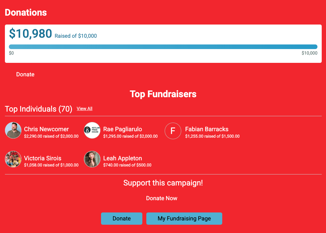 Screenshot of event homepage with donation thermometer and top fundraisers