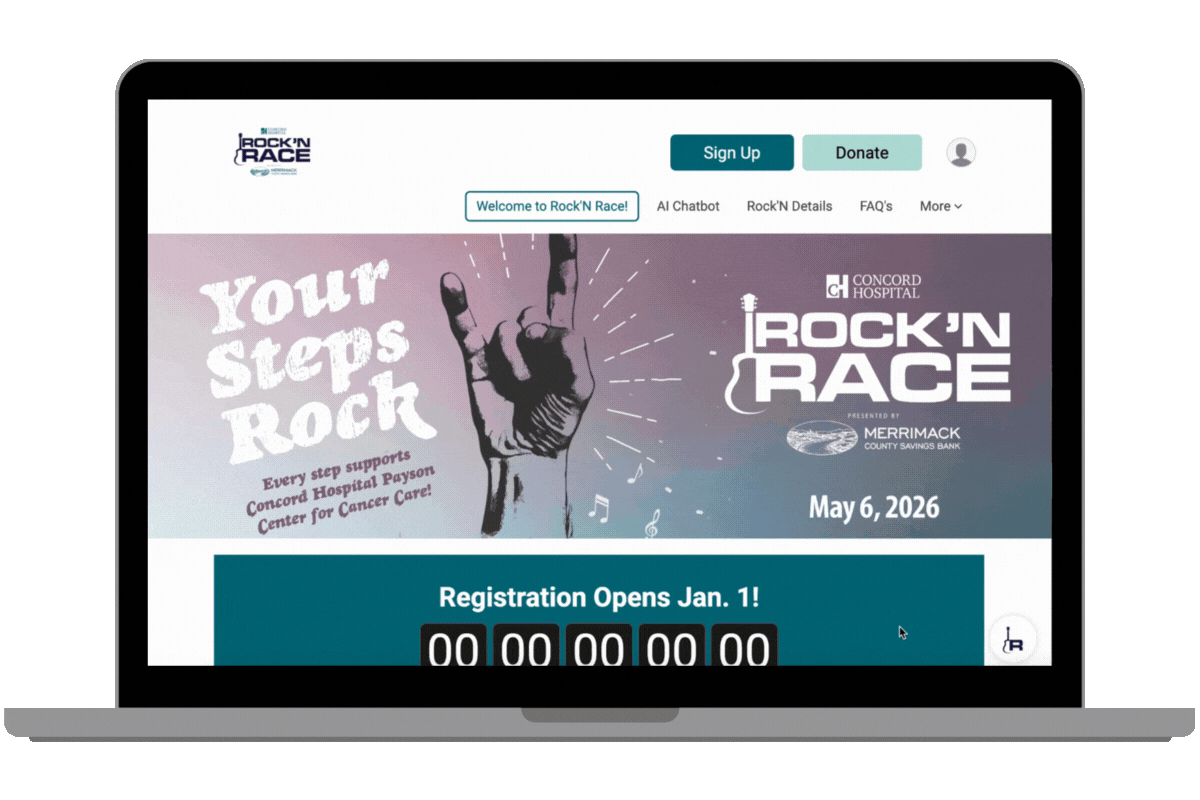 Rock'n Roll event page screen recoding menu dropdown showing race results, Spotify playlist, volunteer opportunties, and toolkit pages