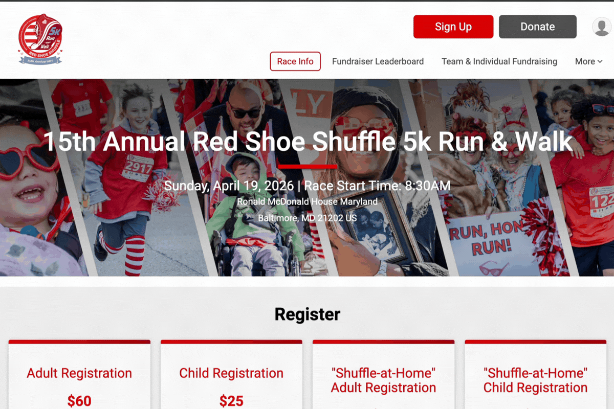 February 2026 Peer-to-Peer Red Shoe Shuffle event website highlighting donation thermometer and countdown clock