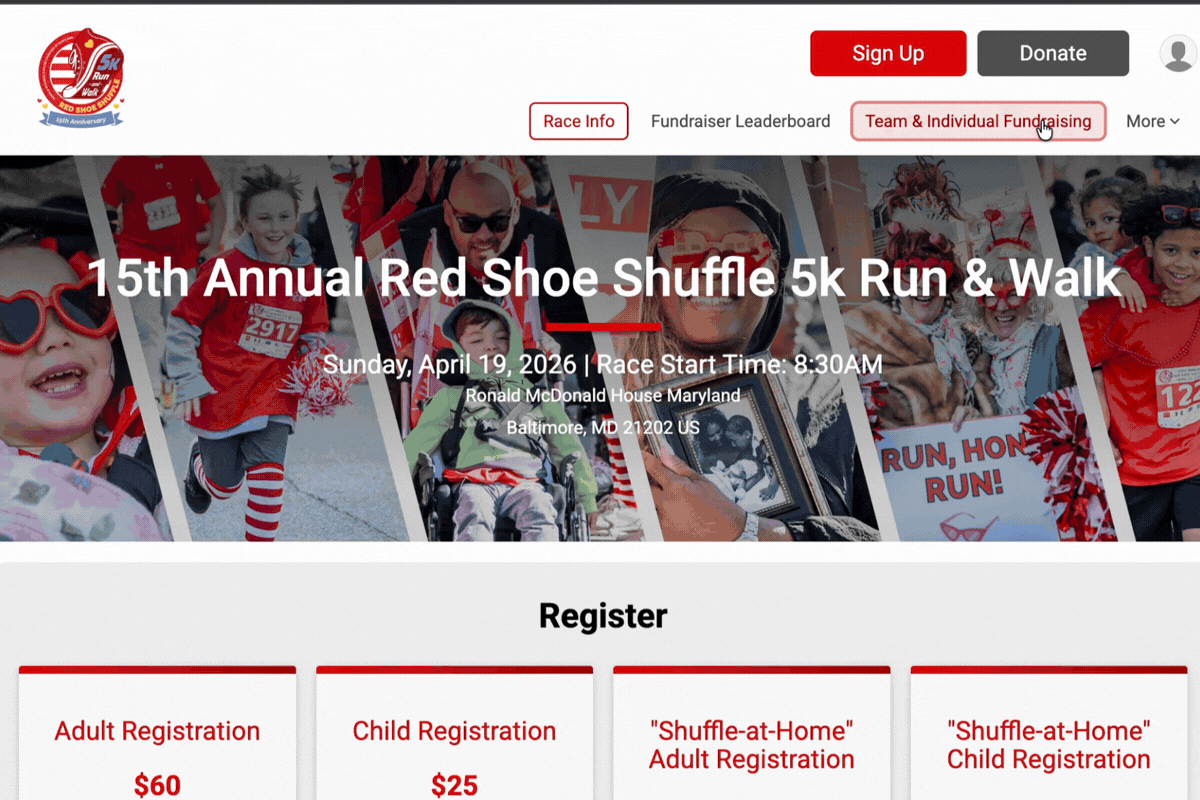 Red Shoe Shuffle Team & Individual Fundraising page with FAQ component 