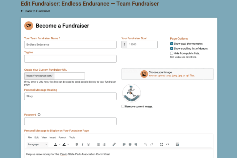 fundraising teams custom page