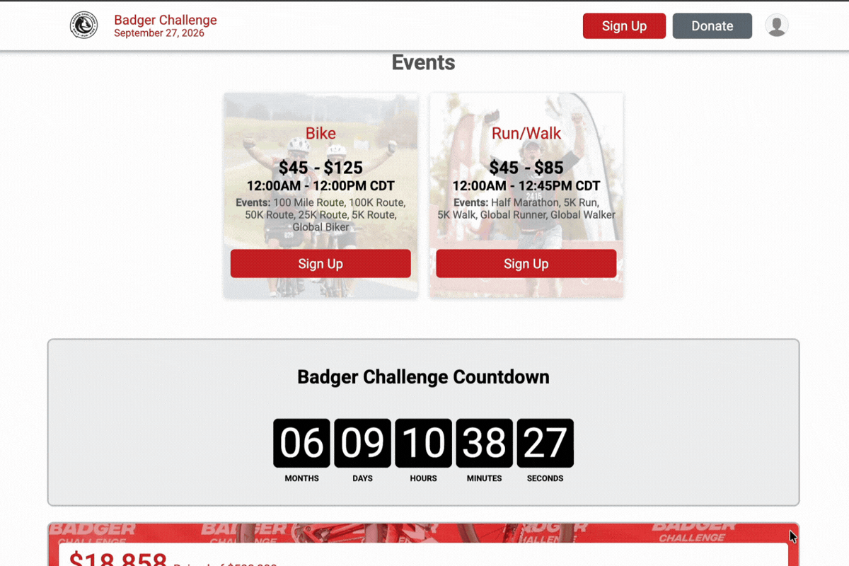 Screen recording of The Badgers Challenge event page
