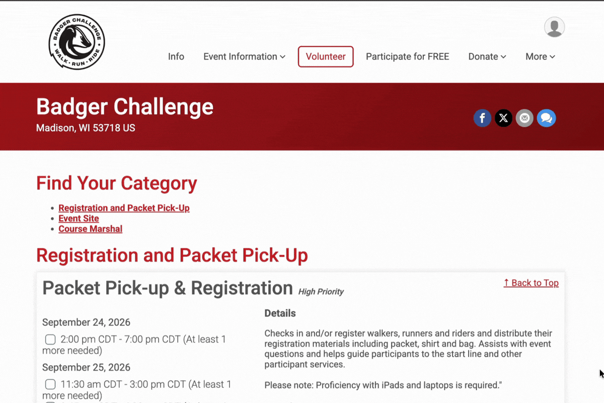 The Badgers Challenge volunteer page