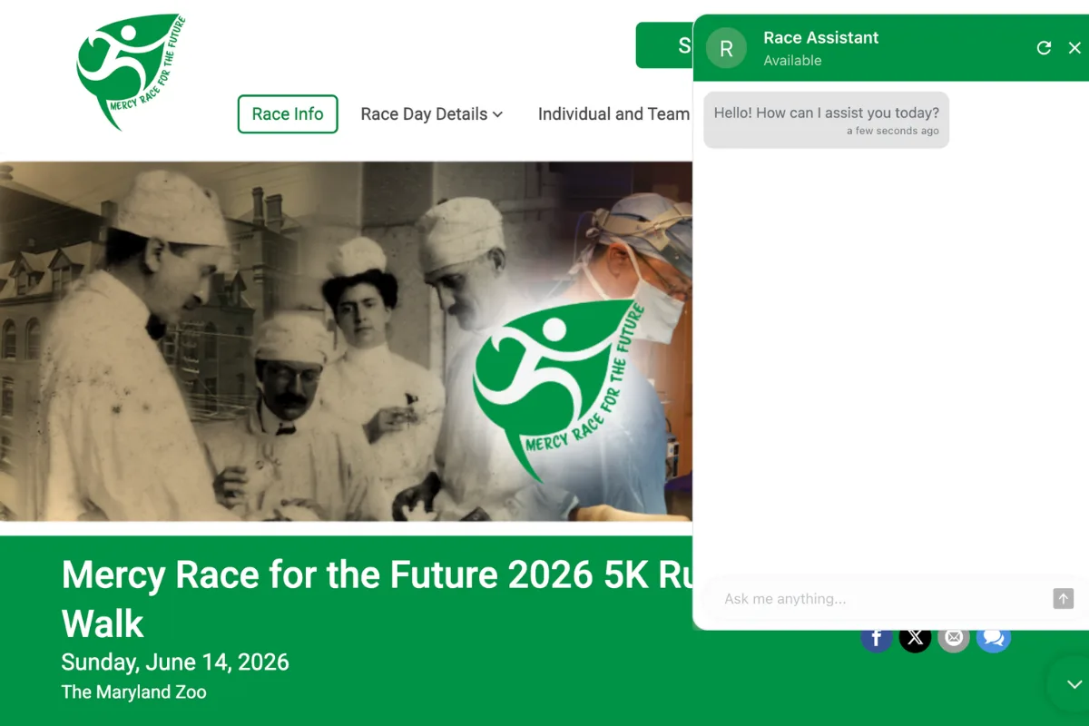 Mercy Race for the Future event page. Old timey doctors with Mercy Race for the Future logo and AI Chatbot open