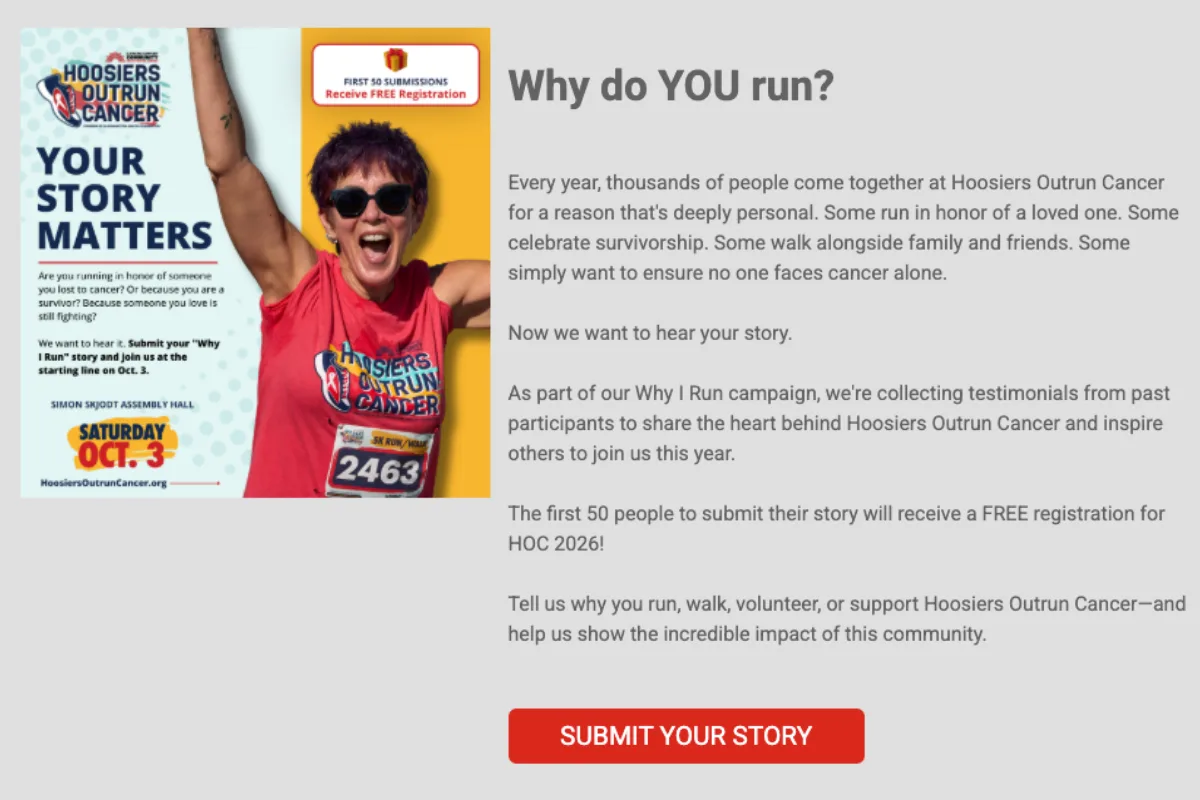 Hoosiers Outrun Cancer Why do you run call out July 2026 peer to peer example