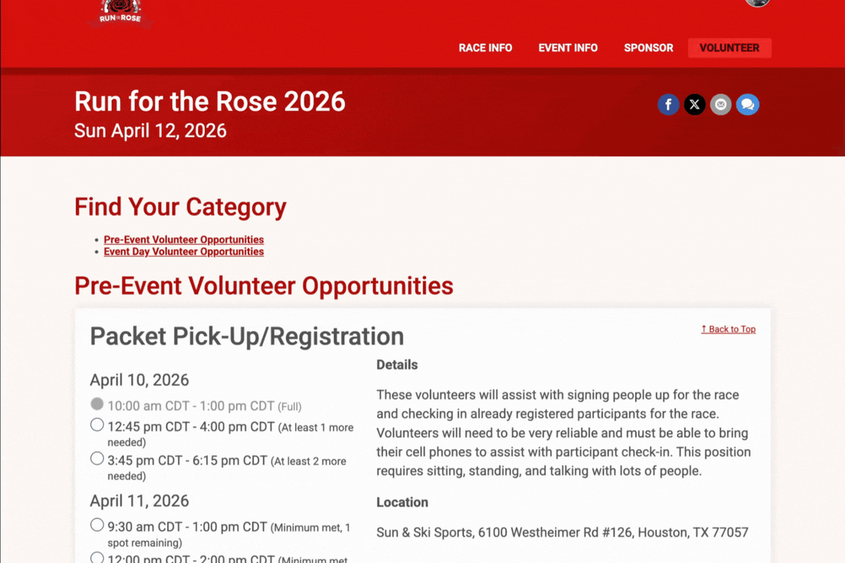 Run for the Rose volunteer page